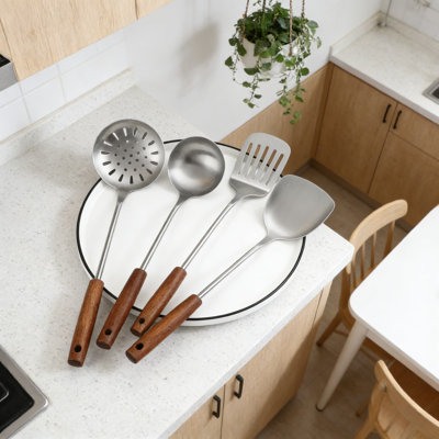 Professional 4-Piece Stainless Steel Kitchen Utensil Set With Heat-Resistant Wooden Handles, Heavy-Duty 304 Restaurant-Grade Tools, Dishwasher Safe For Easy Cleaning