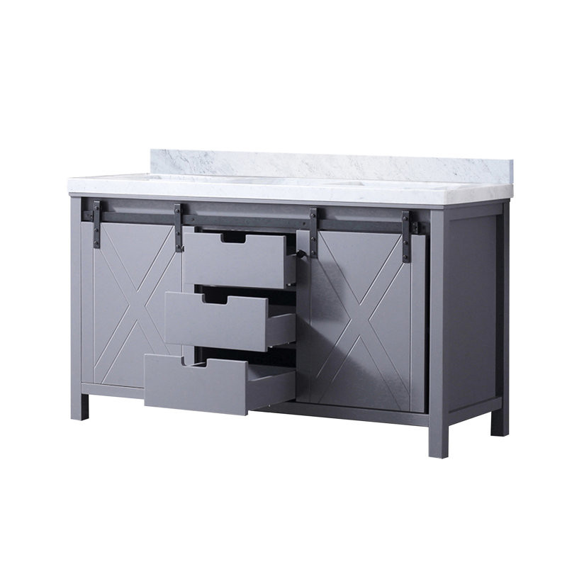 Meuble-lavabo double gris foncé 60 po X P 22 po avec marbre - fabrication en bois massif, tiroirs à fermeture en douceur, égratignure et teinture - comptoir, cadre de comptoir avec rangement de 60 po x 22 po, portes et égratignures