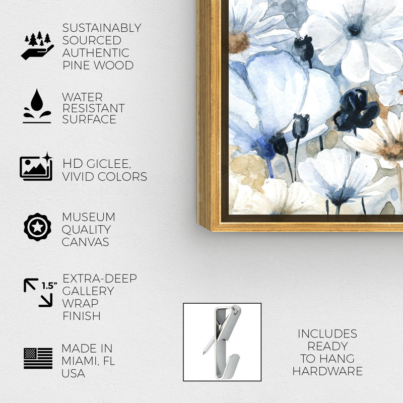 " Floral And Botanical Fields Of Blue, Cabin / Lodge Blue " by Oliver Gal, Gold Framed, 30" H x 45" W x 1.5" D