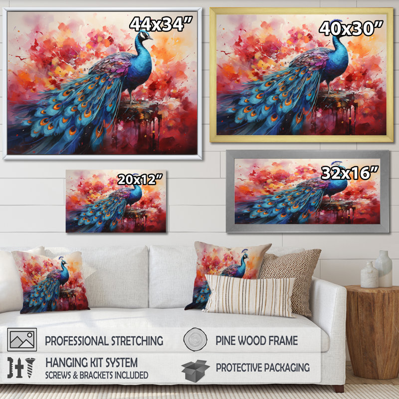 Acrylique multicolore sur toile rouge, représentation d'un paon rouge, H 34 po x l 44 po x P 1,5 po, Cadre simple noir
