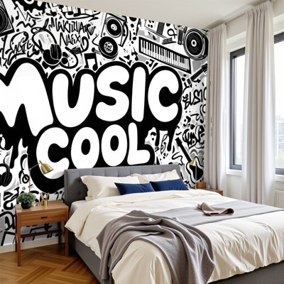 Peel and Stick Wallpaper 144" W x 100" H Modern Self Adhesive Wall Mural for Bedroom Print Abstract Seamless Black White Comics Graffiti Electric Guitar