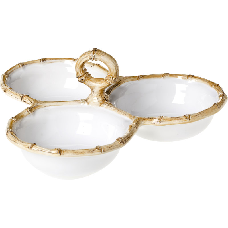 Bamboo 9" Triple Bowl Server - White/Natural