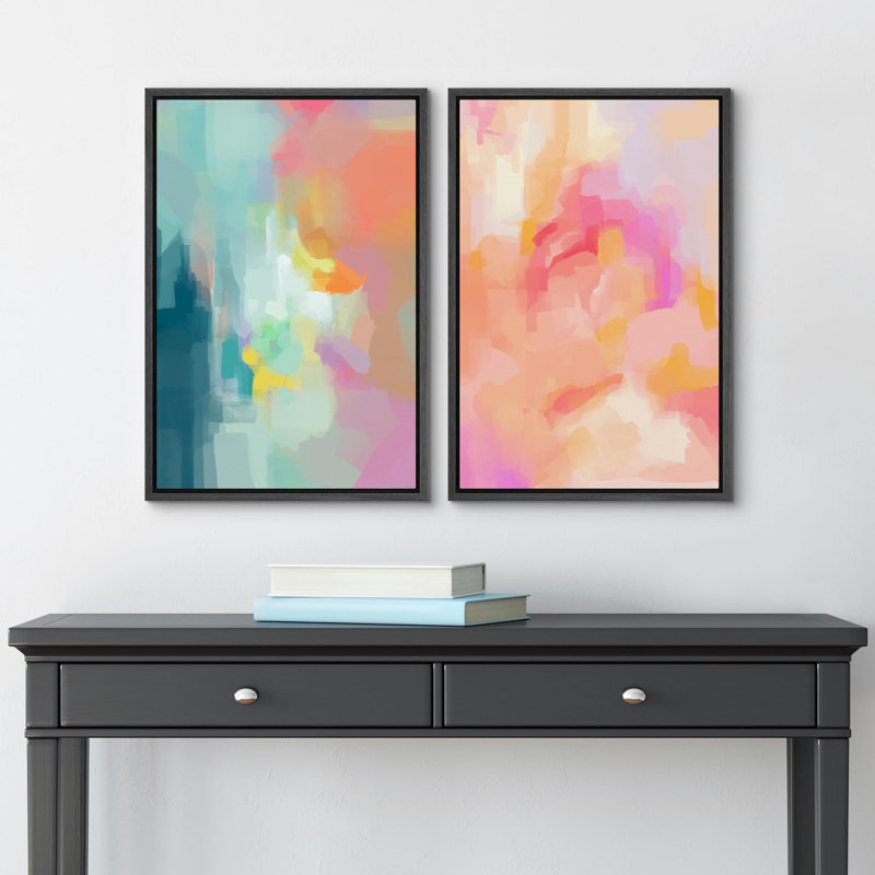 «Geometric Granite Desert Cactus Landscape Wilderness», 2 pièces sur toile, Cadre noir, H 16 po x l 24 po