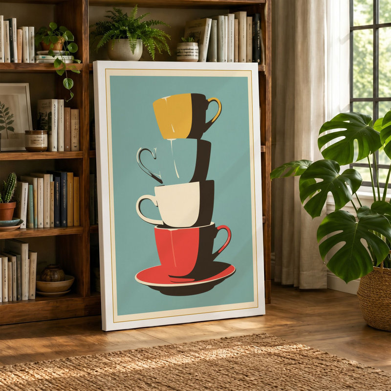 Stacked Teacups Mid-Century - Wrapped Canvas, 30x20 - 76.2 x 50.8 cm, Terracotta Border