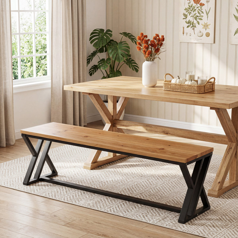 55" Solid Wood Dining Bench With Metal Legs For Kitchen, Dining Room