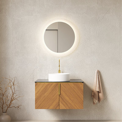 Meuble-lavabo de 30 po avec lavabo, armoire de rangement murale en contreplaqué avec portes doubles, comptoir en pierre frittée noire et lavabo rond en céramique blanche, couleur grain de bois chêne brun