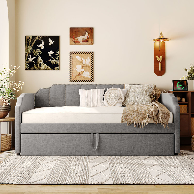 Twin Size Upholstered Daybed with Pop-Up Trundle & USB Charging Ports, Gray, Gray
