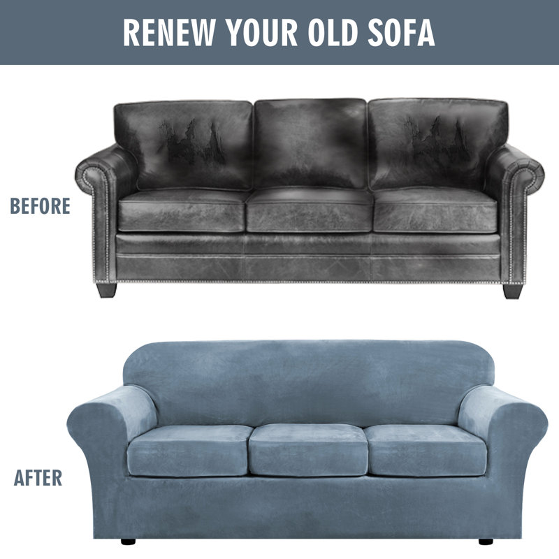 Gray Blue Velvet Plush 3-Seater Sofa Cover with Separate Cushion Covers