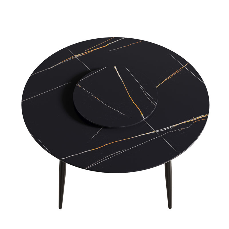 Four-Leg Round Sintered Stone Dining Table With Lazy Susan, Black, Black