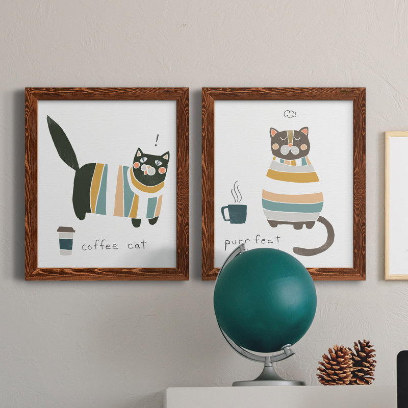 Coffee Cats III - ensemble de 2 reproductions d'art textuel sur toile, H 20 po x l 17 po x P 1 po, Toile avec cadre érable