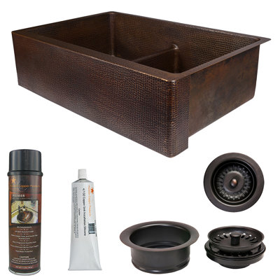 33"" Hammered Copper Kitchen Apron 50/50 Double Basin Sink with Short 5"" Divider w/ Matching Drains and Accessories -  Premier Copper Products, KSP3_KA50DB33229-SD5