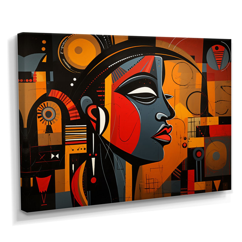 Portrait contemporain, collage géométrique - art mural africain, salon, Toile tendue, H 34 po x l 44 po x P 1,5 po