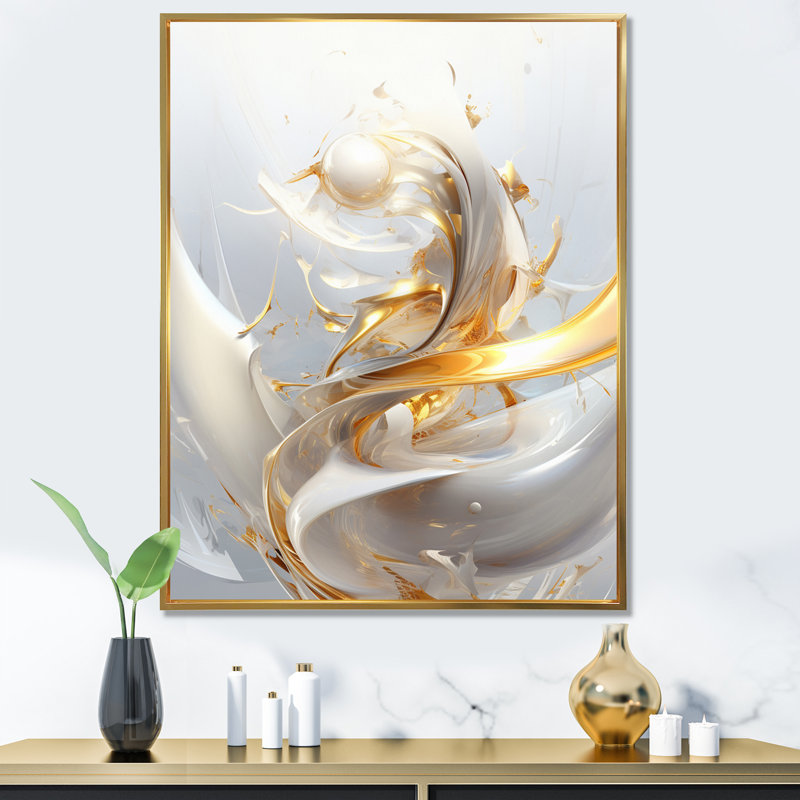 Sphère dorée fractale sur fond blanc sur toile, Cadre flottant doré, H 20 po x l 12 po x P 1 po