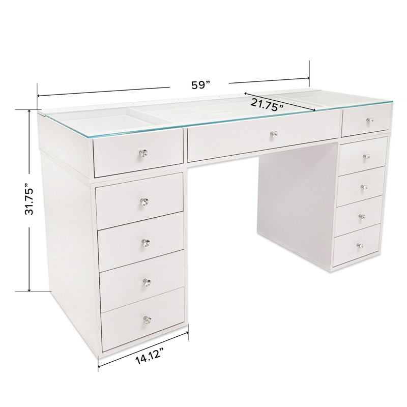 SlayStation Naomi Vanity Desk with Clear View Glass Top, Makeup Table with 3 Drawers Unit, White