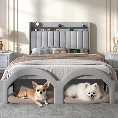 Bed Frame with Storage Drawers Pockets and Galaxy Star Projector Upholstered Wingback Headboard