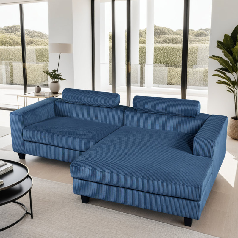Ramona - Canapé confortable en L Catarina avec méridienne orientée à droite, Bleu