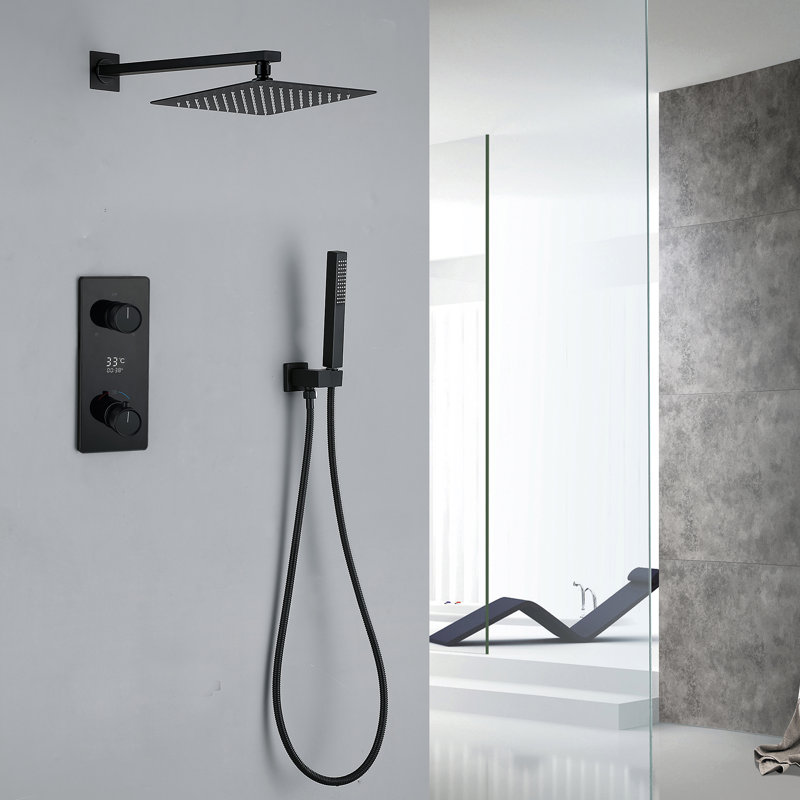 Système de douche mural complet thermostatique avec valve brute, Noir mat, Bouton-poussoir