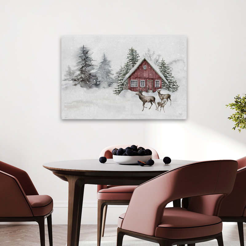 «Snow-Kissed Solitude» - art contemporain de cerfs recouverts de neige dans une forêt de cabanes rouges, H 24 po x l 36 po