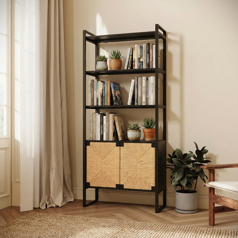 Natural Rattan Cabinet Door Storage Bookshelf Dual-Function Open Display Shelf Suitable For Living Rooms, Entryways, Bedrooms Black With Brown Accents