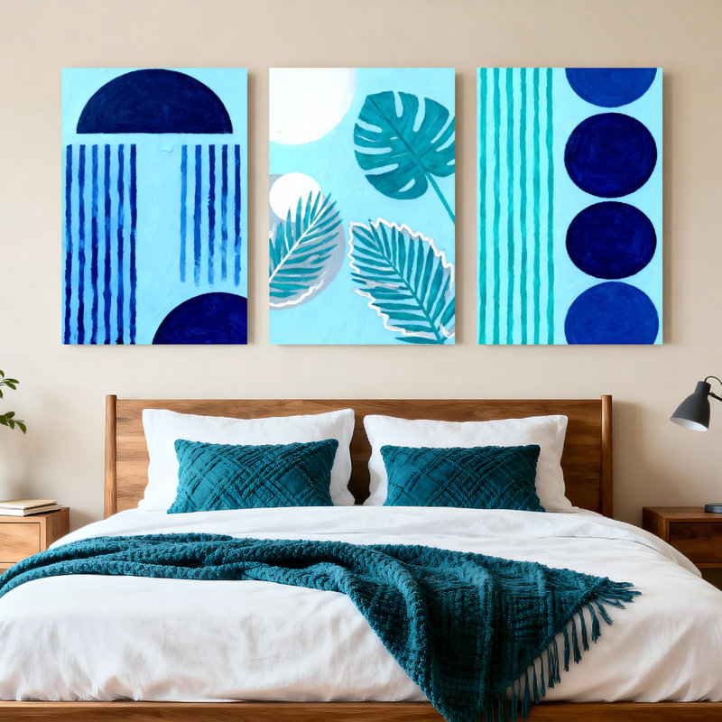 Abstrait, feuilles tropicales et formes géométriques, impression sur toile, bleu moderne et bleu sarcelle (ensemble de 3)