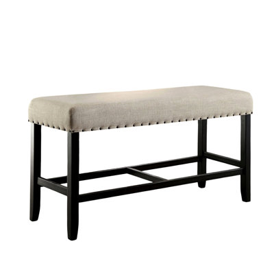 Transitional Counter Height Dining Bench With Beige Fabric And Rustic Accents For Room In Wood Cover
