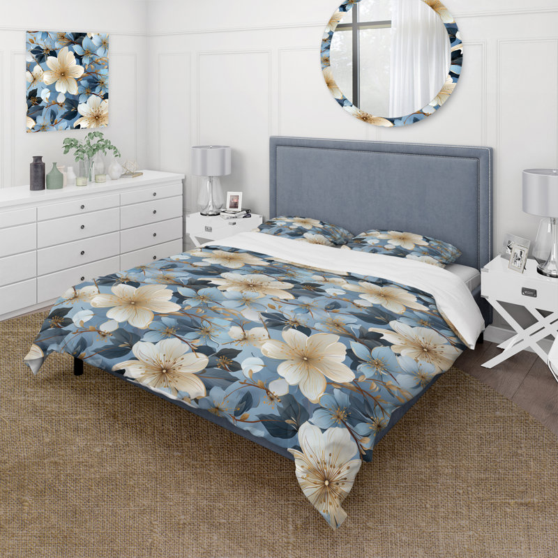 Motif floral bleu rétro - ensemble de housse de couette floral - microfibre de polyester