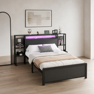 Black Metal Bed 4Ft6 Double Bed 135×190Cm With Multi-Color LED Strip Lights And Charging Port 2 A-Type And 1 C-Type, One-Piece Bedside Table