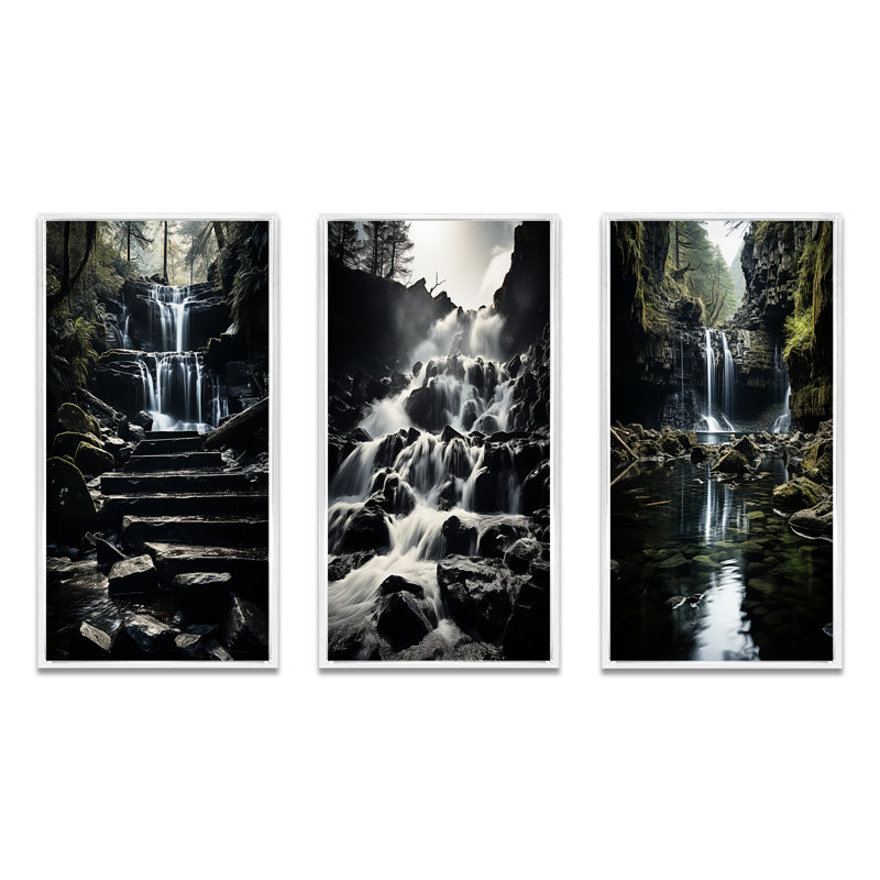«Gray Waterfall Cascading Reflections», 3 pièces sur toile, H 40 po x l 60 po, Cadre blanc