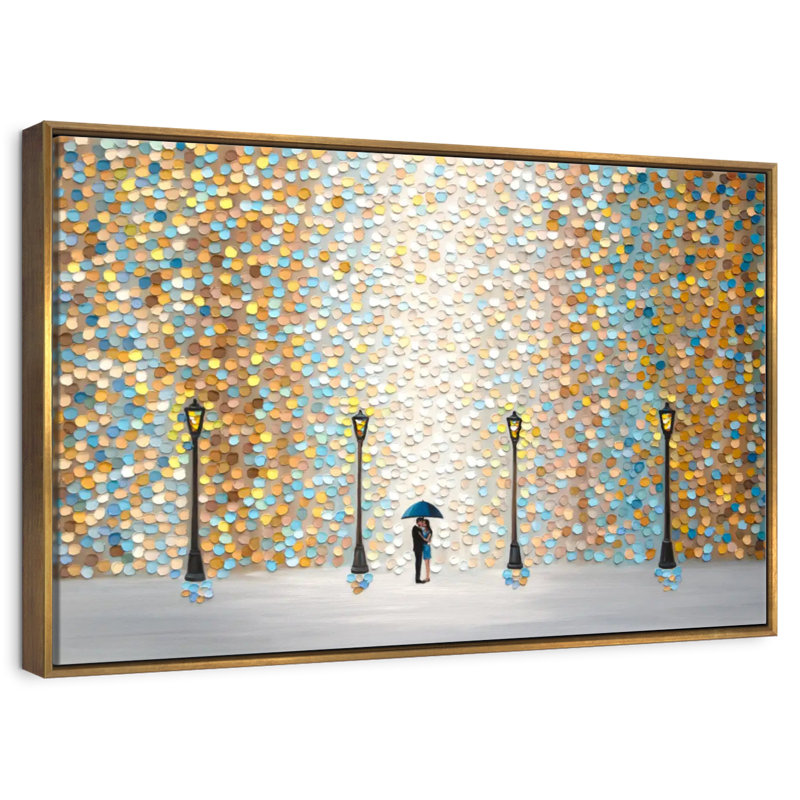 Baiser sous la pluie dorée, Cadre flottant doré, 13 po x 9 po