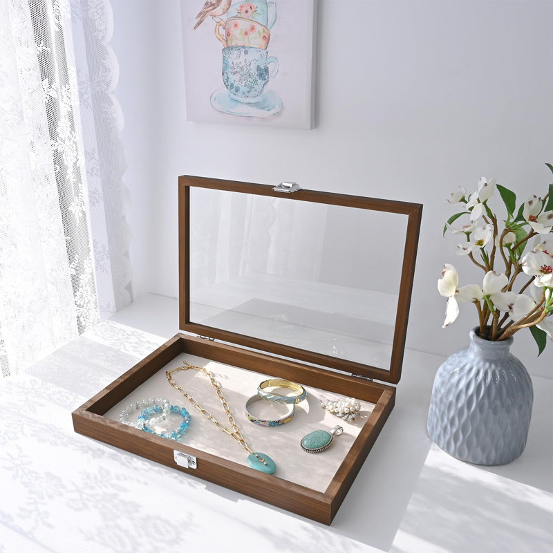 Jewellery Display Case, Display Case Accessories Storage Box with Tempered Glass Hinge Lid, Jewellery Tray for Collectibles, Walnut Colour