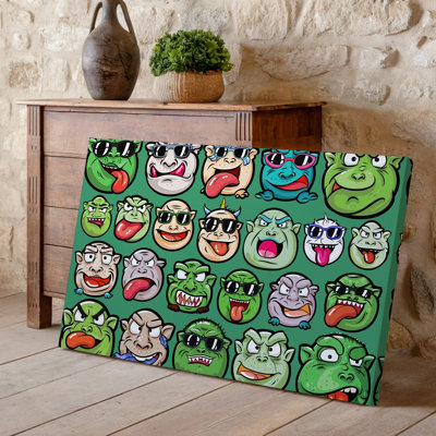 La toile crée un collage vibrant mettant en vedette une variété d'œuvres murales Ogres dans des poses ludiques mettant en vedette des toiles exagérées