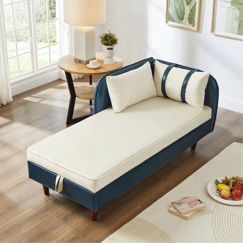 Canapé de rangement 65 po en polyuréthane bleu marine et velours beige, Velours beige, Blue
