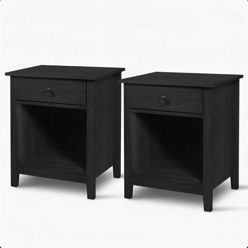 Heintzelman Set Of 2 Wooden Bedroom Nightstands With Drawer, Black