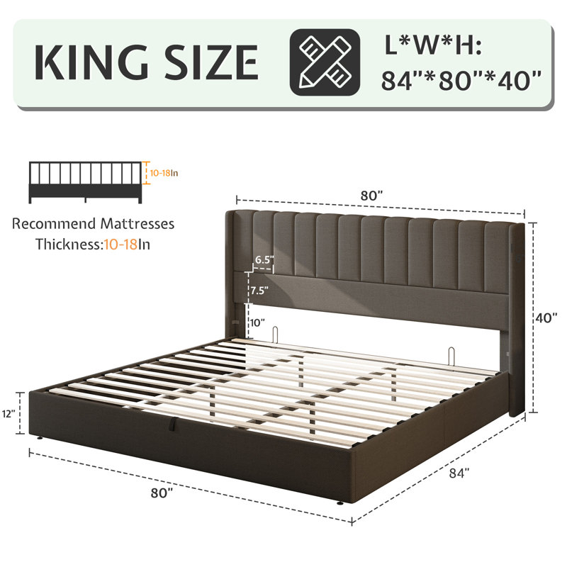 Modern Upholstered Platform Bed with Grid Tufted Headboard, King, Gray