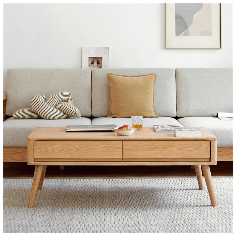 Table basse surélevée Table basse 100% bois de chêne massif Plateau en bois massif de couleur naturelle avec tablette de rangement