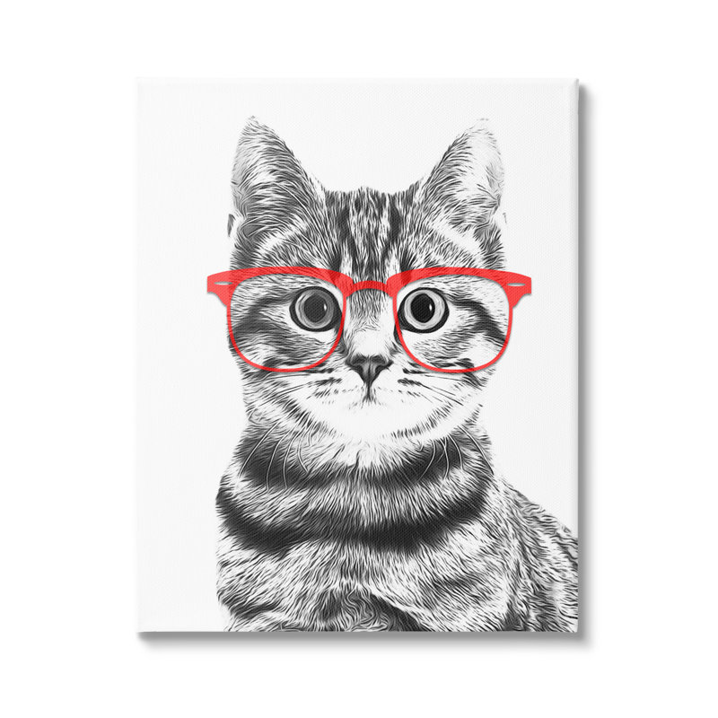 Chat noir, noir et blanc, lunettes rouges, par Annalisa Latella - impression, H 20 po x l 16 po x P 1,5 po, Toile tendue