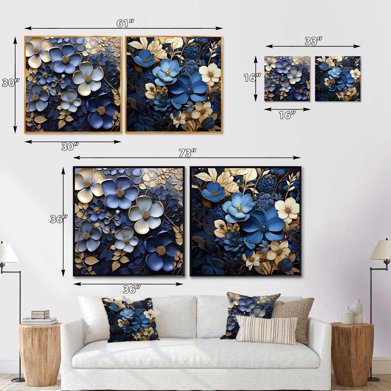 Ornement bleu et or violet - Ensemble de 2 collages violets carrés, Cadre flottant noir, H 16 po x l 33 po