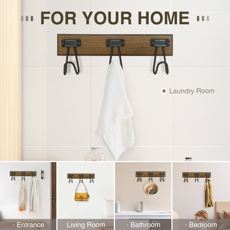 Grazio 3 - FantasHome 16” Label Wall Mounted Hook Rack with 3 Hooks – Brown/Black
