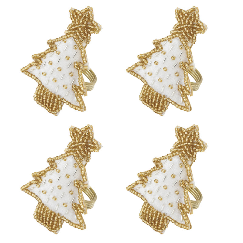 Rond de serviette de Noël perlé, ensemble de 4, porte-serviette de Noël fait à la main avec perles de verre et velours, rouge