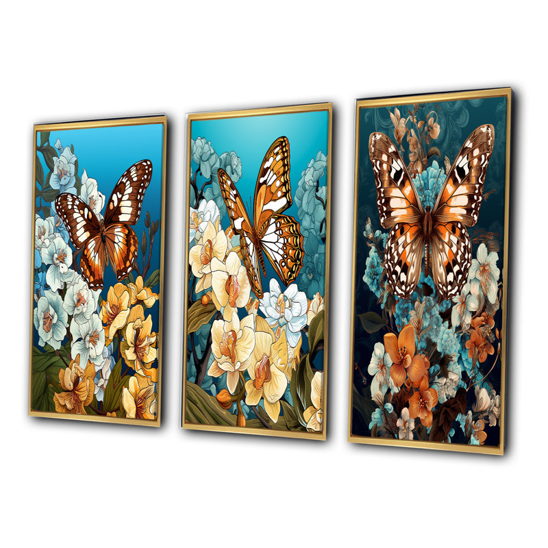 Gracious Brown Butterfly On Orchids Retro - Animals Butterfly Art Set Of 3 Pieces, Encadrement doré, H 20 po x l 36 po