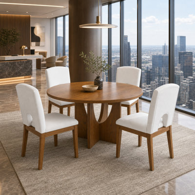 Solid Wood Extendable Dining Set with 4 Upholstered Chairs, Modern Pedestal Base & Half-Round Back Design
