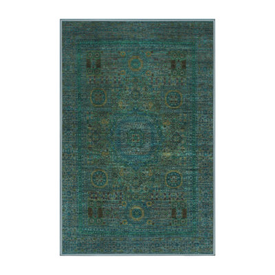 Tapis oriental en laine / polyester tissé à la machine en bleu / vert / gris