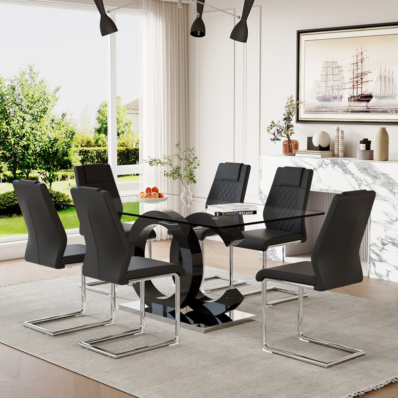 7-Piece Glass Top Dining Table Sets, Noir / argenté