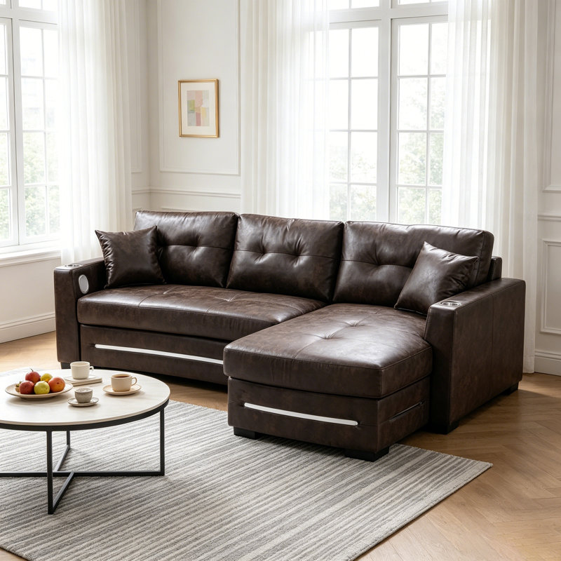 2-in-1 Sofa Bed with Storage, Charging & Bluetooth – Space-Saving for Apartments, Brown, Right Hand Facing