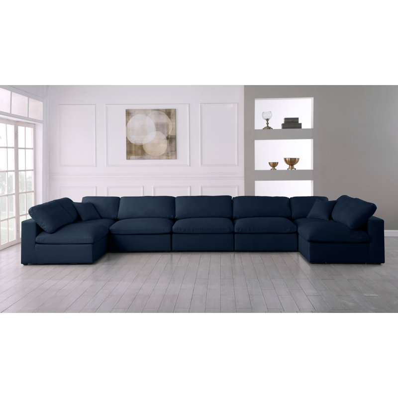 Burrows 197" Wide Linen Reversible Down Cushion Modular Corner Sectional, Navy Linen Textured Fabric