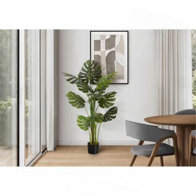 Artificial Plant,Monstera Tree, Indoor, Faux, Fake, Floor, Greenery, Potted, Real Touch, Decorative, Green Leaves, Black Pot