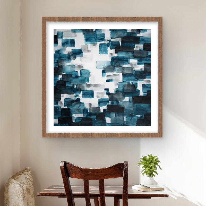 Turquoise et formes grises - reproduction abstraite moderne encadrée, H 24 po x l 24 po, Brun