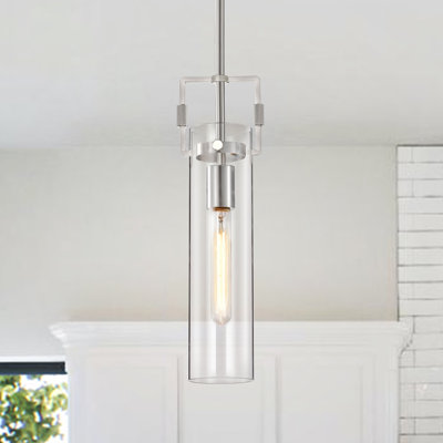 Brushed Nickel 1-Light Mini Pendant with Clear Cylindrical Glass Shade