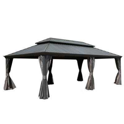 Outdoor Gazebo 14X24ft With Galvanized Steel Top & Aluminum Frame - Built-In Gutter, Grey Roof, Frame, Gutter For Patio Deck