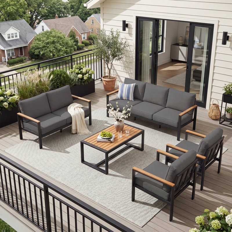 Ensemble de conversation extérieur 7 pièces pour patio avec sièges profonds et structure en acier robuste, Grey